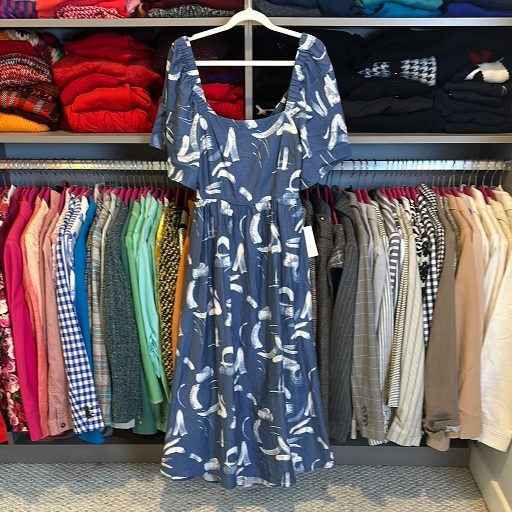 A New Day blue/white print short sleeve tie back midi dress size S NWT